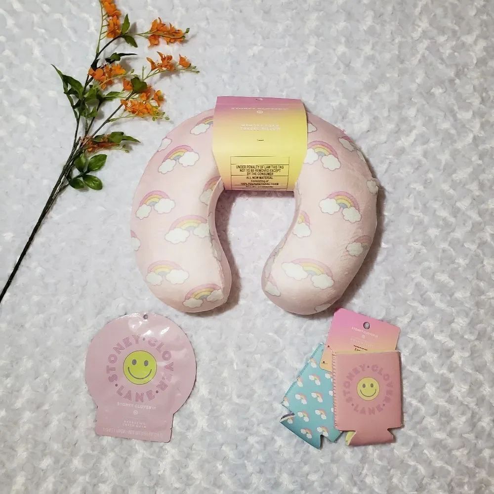 Stoney Clover x Target rainbow travel pillow, coozies, and sheet mask